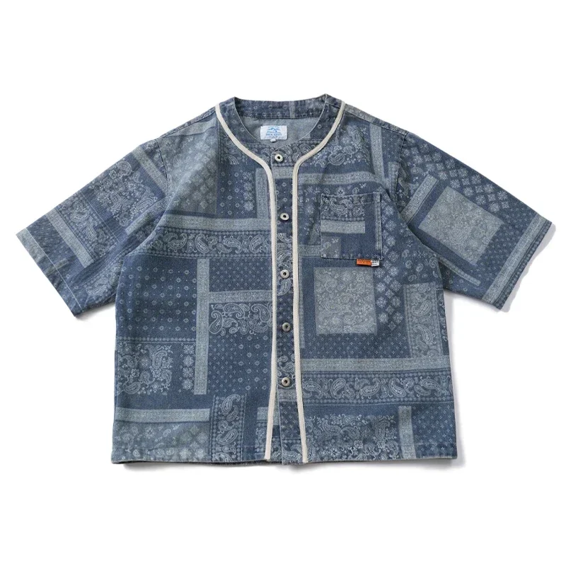 Japanese Retro Worn-out Cashew Flower Perez Pattern Collarless Short Sleeved Printed Shirt for Men Summer Baseball