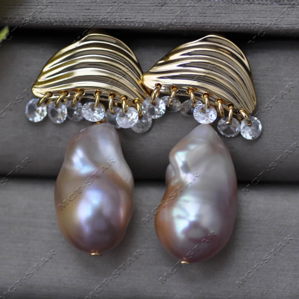 

MTC·STAR 24mm Lavender Baroque Keshi Reborn Pearl Shell Tassels Dangle Earring Custom Jewelry（Z14009）
