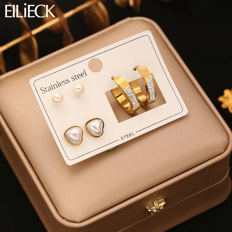 EILIECK 316L Stainless Steel Heart Round Pearl Zircon Hoop Stud Earrings Set For Women Fashion New Waterproof Jewelry Gift Party