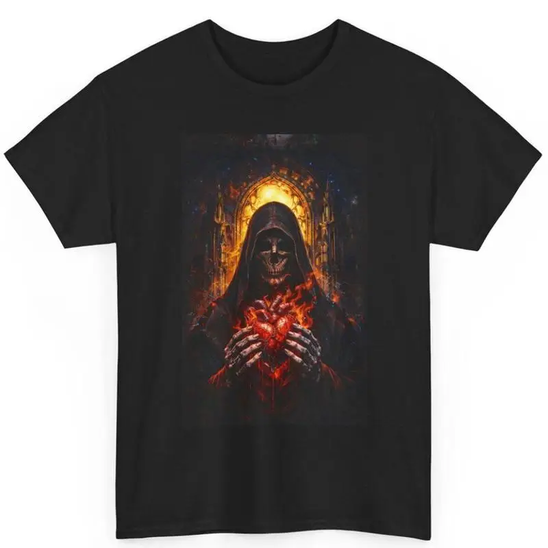 Dark Goth Glam Grim Reaper Holding Fiery Heart T-Shirt