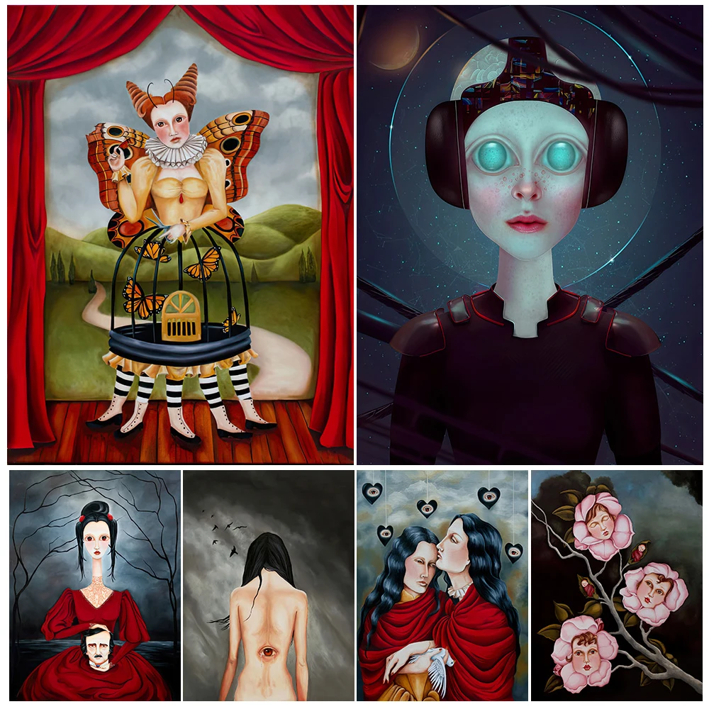 

The Timekeepers And Alien Girl Abstract Wall Art Canvas Painting Lady Rabbit And Judge Crow Gothic Art Poster Print Home Decor