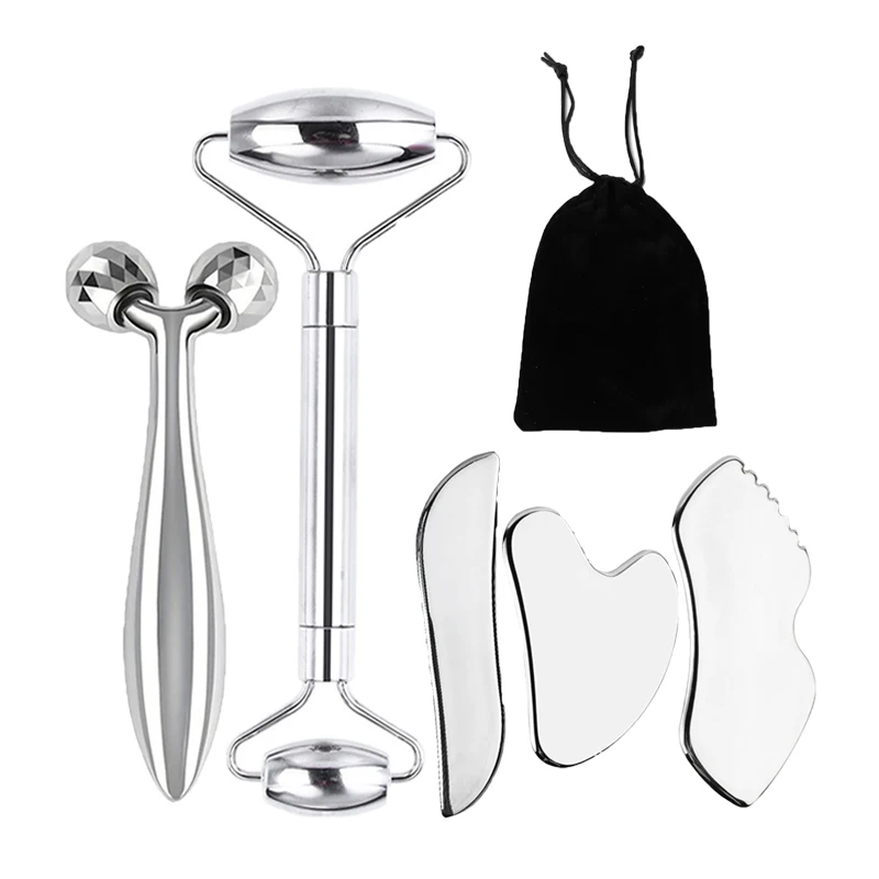 6-piece facial cleansing tool set, including a stainless steel scraping board, ice roller, cloth bag, etc.