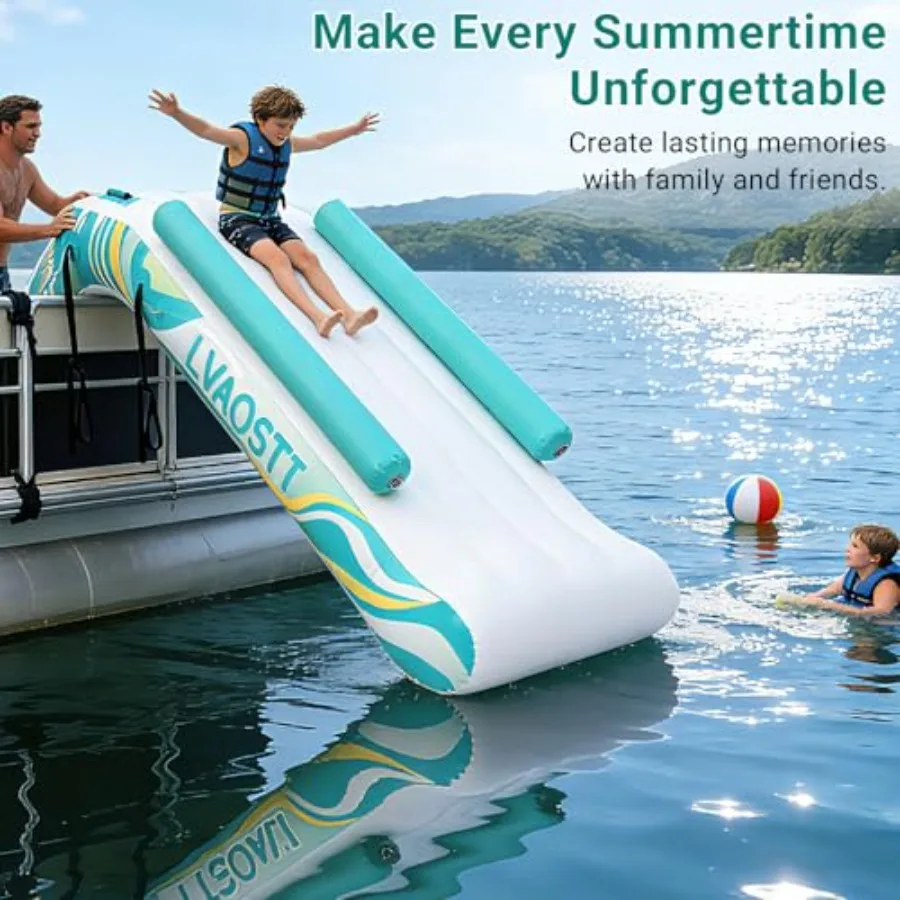 Inflatable Pontoon Waterfall Slide for Adults Teens, Heavy Duty PVC Blue Slide with Built-in Air Pump, Portable Summer Lake Flo