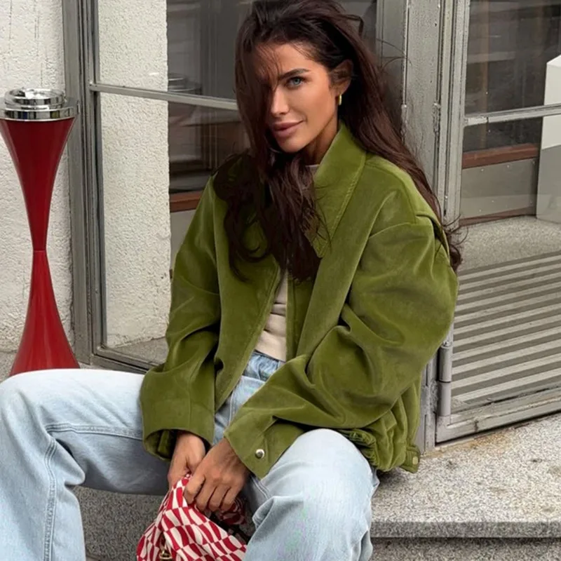 

Ticketsx винтажная зеленая замшевая куртка женская новая свободная одежда на молнии с лацканами куртка пальто осень-зима уличная куртка верхняя одежда