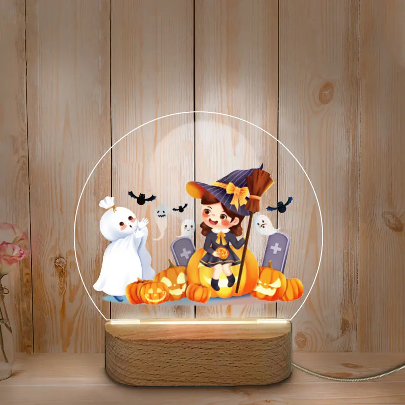 Veilleuse LED USB personnalisée avec base en bois, lampe de nuit, décoration d'Halloween, impression de documents, maison, chambre de bébé et de mère