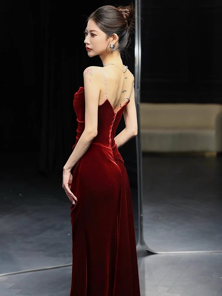 Vestidos de Noche de color rojo vino de gama alta, sirena fruncida, terciopelo adelgazante, sin mangas, espalda abierta, ocasión Formal, vestido de fiesta de cóctel y graduación