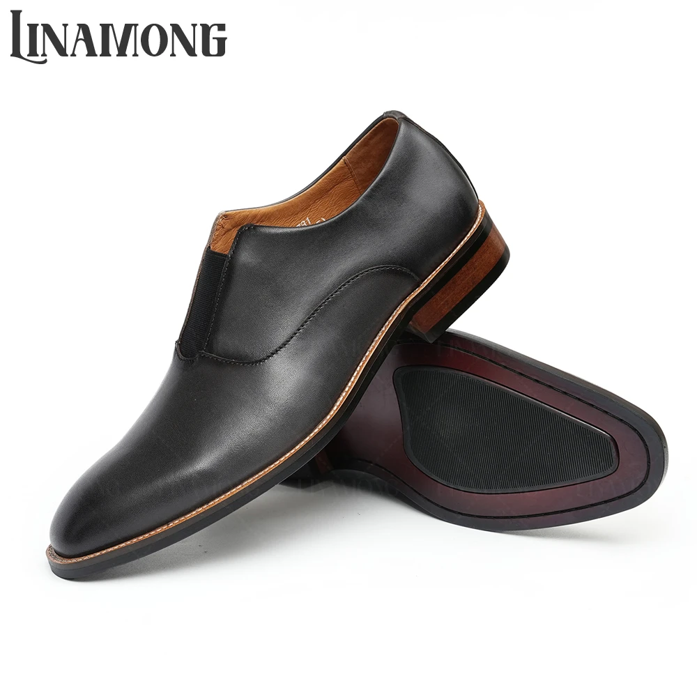 اللوز تو مصقول أحذية جلدية بدون كعب جلد طبيعي النمط البريطاني الأعمال فستان أحذية أنيقة الانزلاق على مأدبة أحذية جلدية للرجال #6