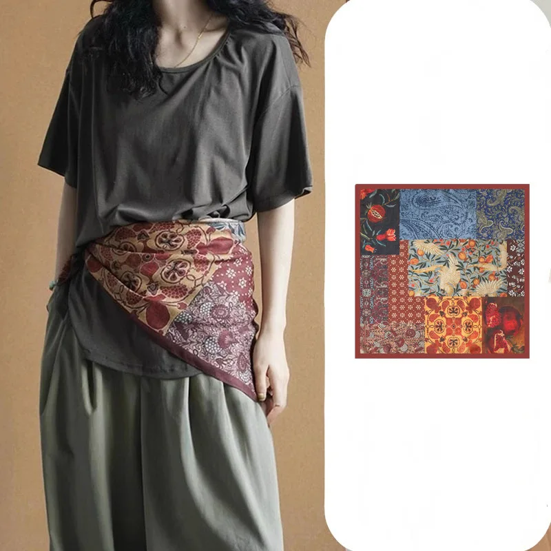

Oil Painting Retro Literary Silk Scarf Cotton Square Versatile Cashew Nut 70cm Square Waist Seal Belt