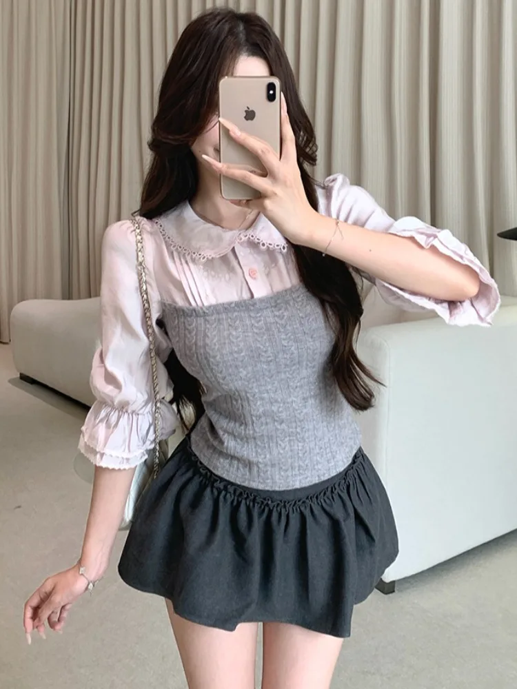 

Soft Style High Waist Doll Collar Women's Autumn Winter Outfit Short Skirt Two Piece Set Korean Version Slim Fit Button Detail