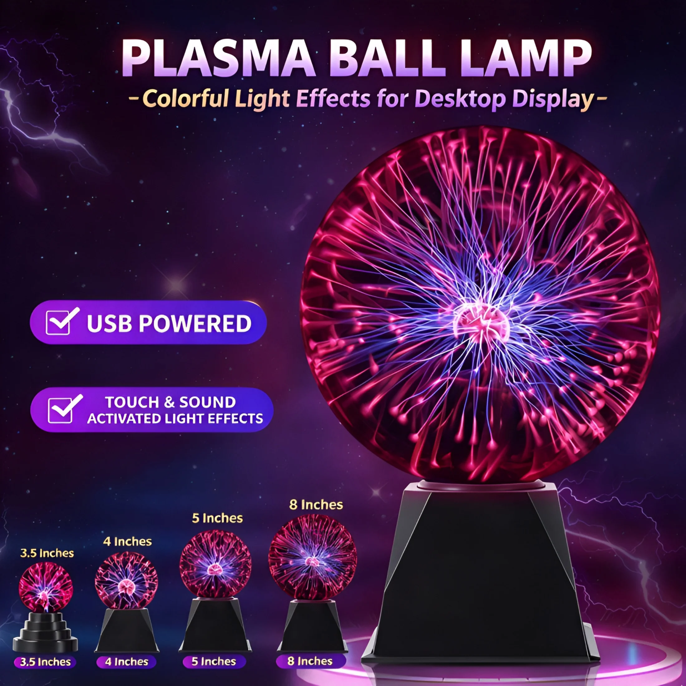 USB Powered Interactive Plasma Ball Lamp - Glass Sphere Novelty Light for Desktop Unique Holiday Gift Idea