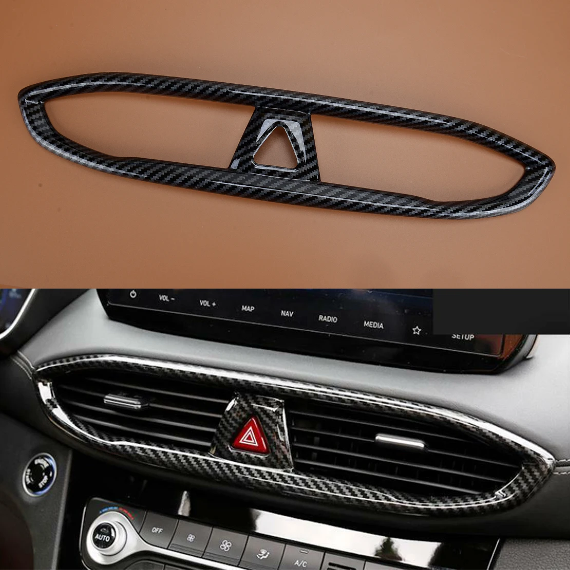 Black Car Front Center Air Outlet Vent Cover Trim Carbon Fiber Style ABS Fit for Hyundai Santa Fe 2019 2020 2021 2022