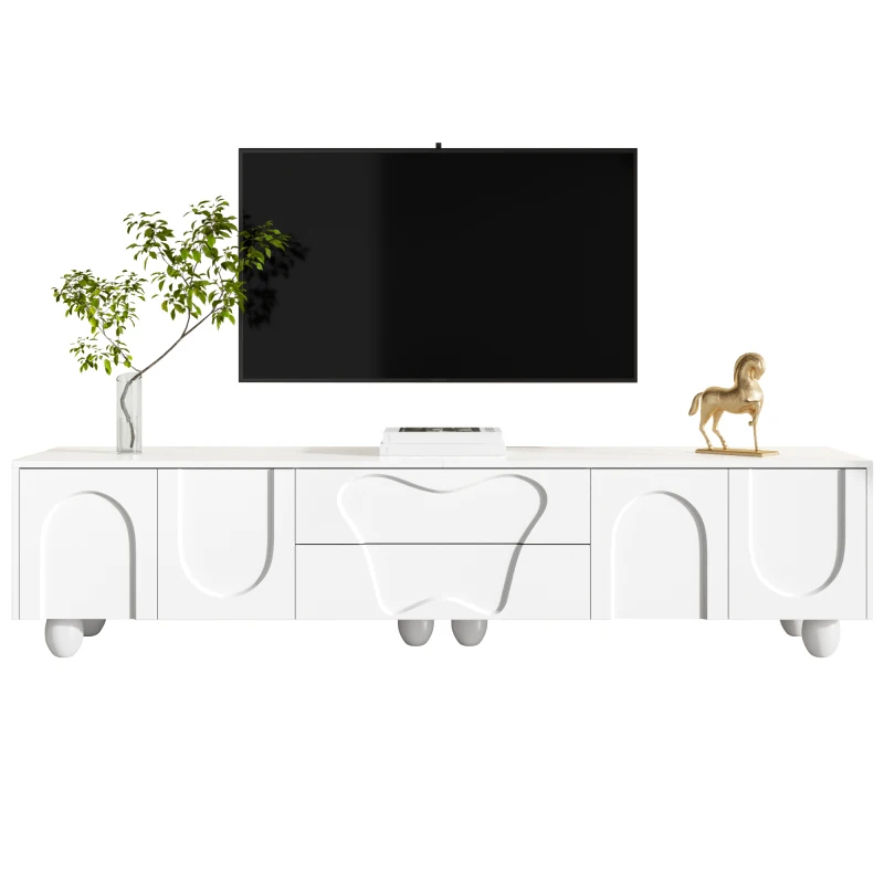 Meuble TV blanc de 180 cm avec pieds en bois – Un meuble TV minimaliste et élégant avec beaucoup d'espace de rangement, design unique et options de rangement flexibles pour un salon stylé.