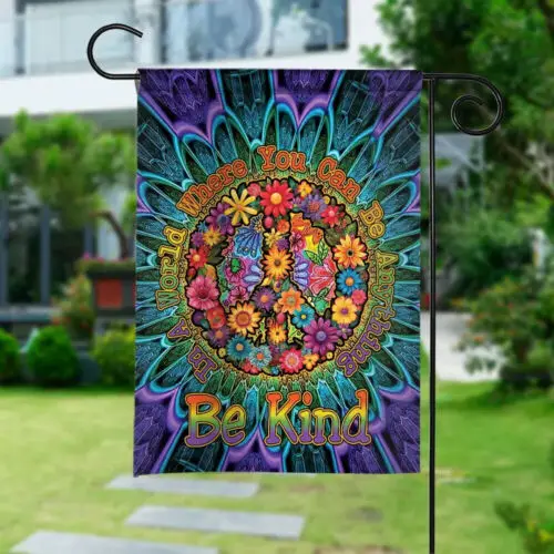 Bee Hippie Peace Sign Garden Flag, Be Kind Hippie Garden Sign Decor, Flower Flag ZZU hhz