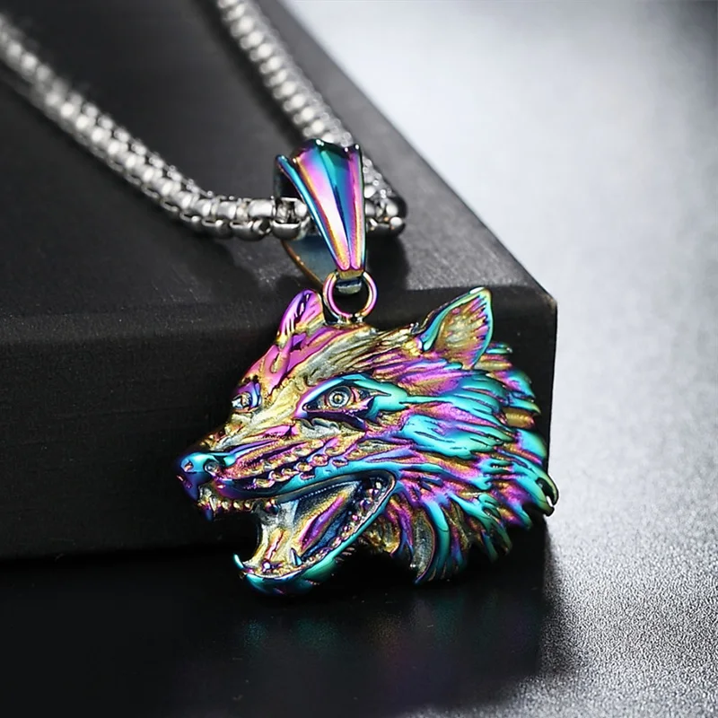 

Fashion Color Stainless Steel Wolf Head Pendant Necklace Punk Retro Hip-Hop Men's And Women's Animal Chain Necklace Jewelry Gift