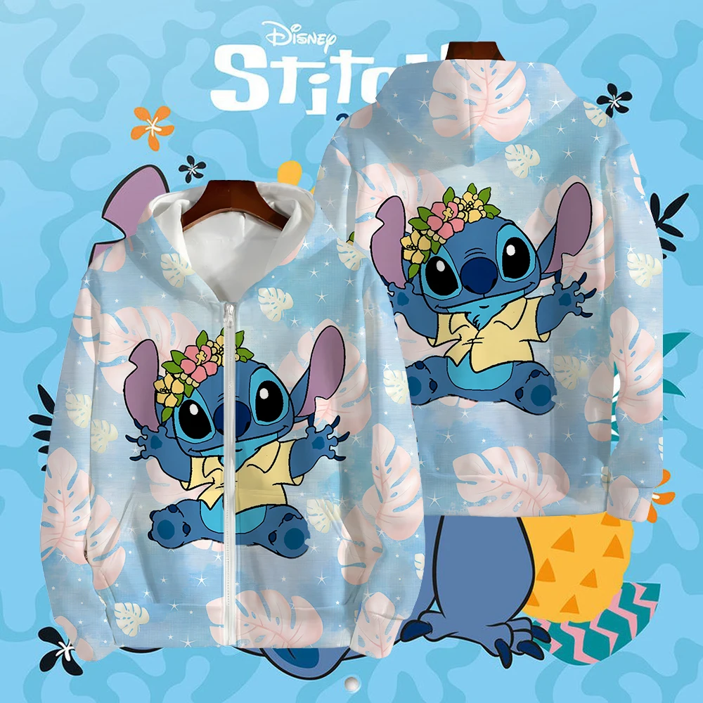 Autumn Winter New 3D Printing Cartoon Stitch Pattern Hoodies Zipper Design Long Sleeves Coats Casual Comfortable Sweatshirt