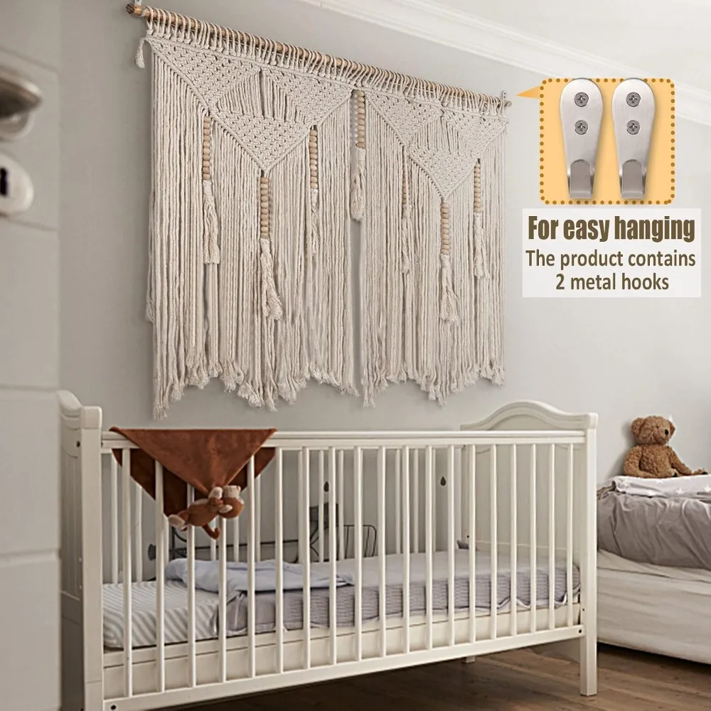 Large Macrame Wall Hanging 43.3" x 39.4" Boho Tapestry Woven Wall Decor Cotton Tassel Curtain Beige Chic Bohemian Art for Living Room Bedroom Dorm Wedding - view 4