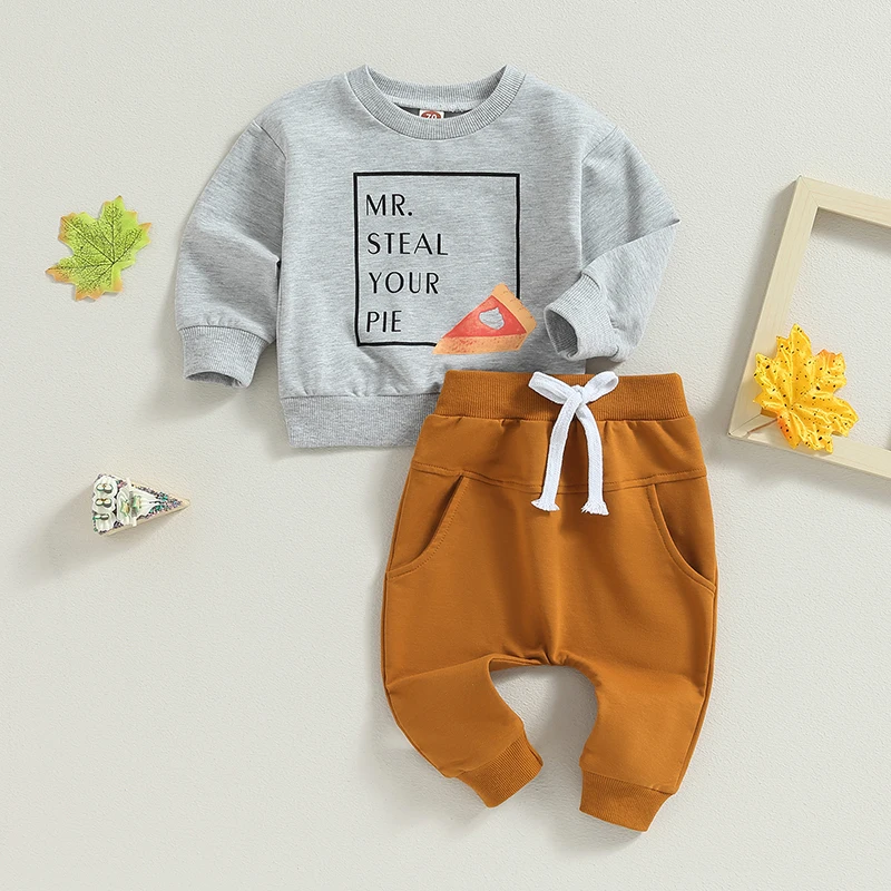 Infant Boy Autumn Outfits Cozy Long Sleeve Pie Letter Print Sweatshirt and Pants Set Toddler Winter Clothing Ensemble