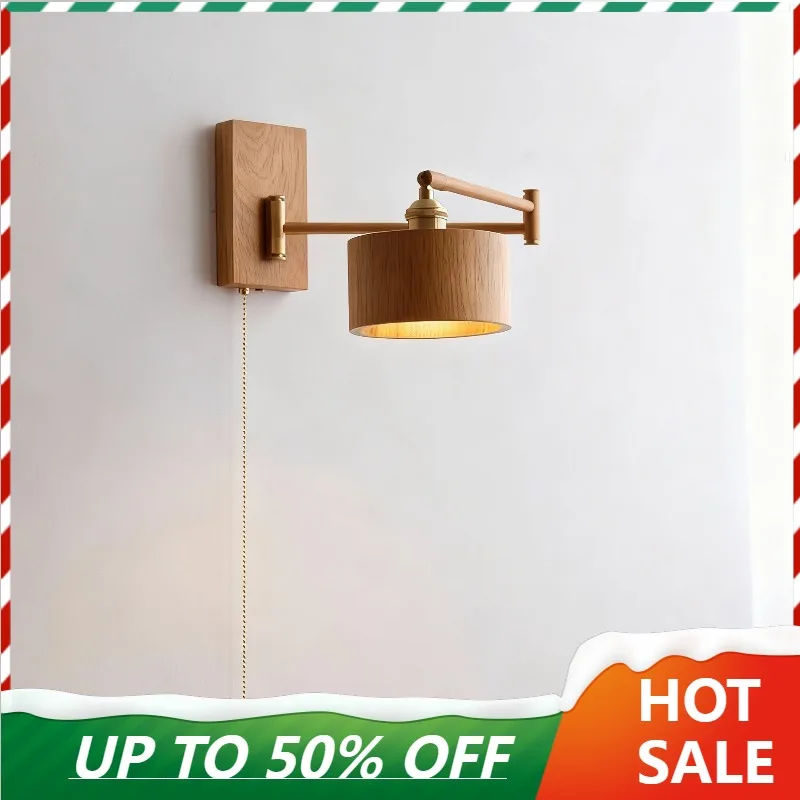 

2026Wabi Sabi Style Wooden Walnut Color Swing Arm Wall Lamp Living Room Bedroom Study Corridor Lamp Nordic Style Decorative Lamp