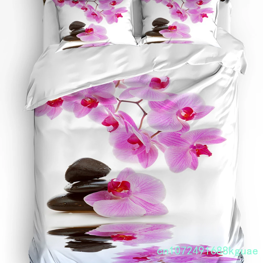 3pcs Bedding Set Flower Stone Pink Orchid Reflection Home Textile Duvet Cover Pillow Case Boy Kid Teen Girl Bedding Covers Set
