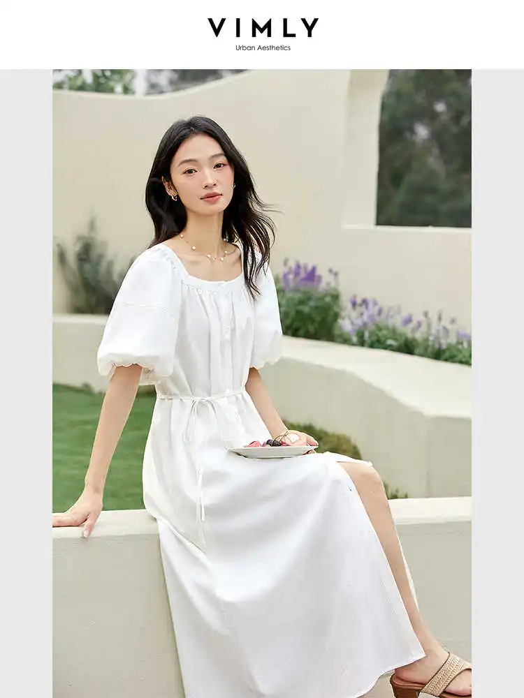 

VIMLY Women's Summer White Dress Lady 2025 Elegant Short Puff Sleeve Tied Loose Waist Vacation Long Dresses Woman Clothing M9597
