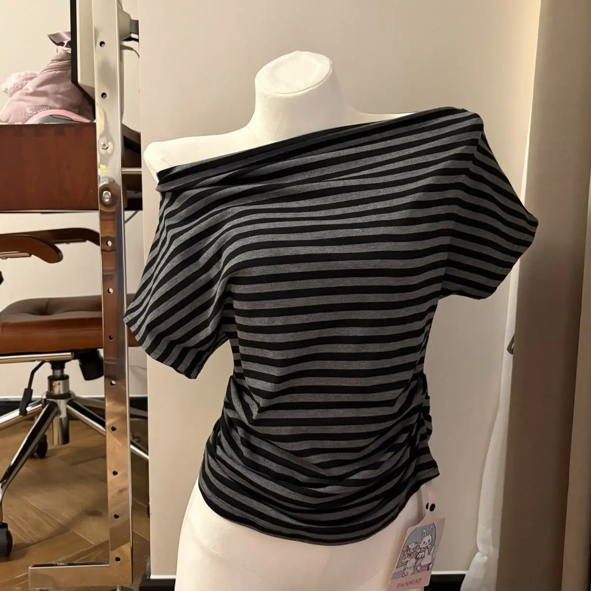 American Style Color Block Striped Asymmetrical Shoulder T-Shirt Women's Summer Versatile Slimming Short Sleeve round Neck Top