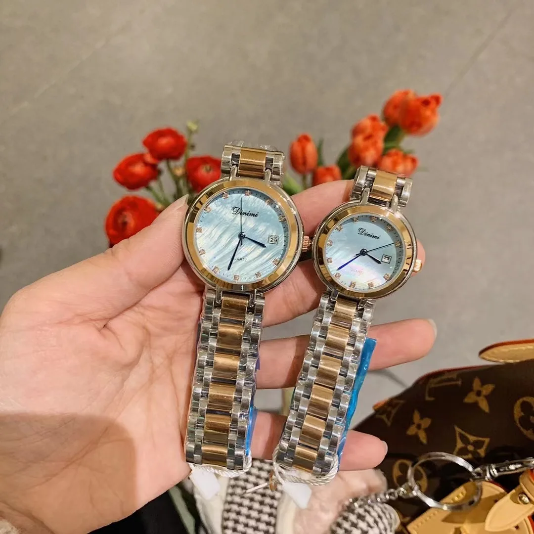 Jam tangan Quartz jam tangan pasangan bisnis klasik jam tangan baja penuh kalender jam tangan Analog merek Fashion Jam Montre Femme Reloj