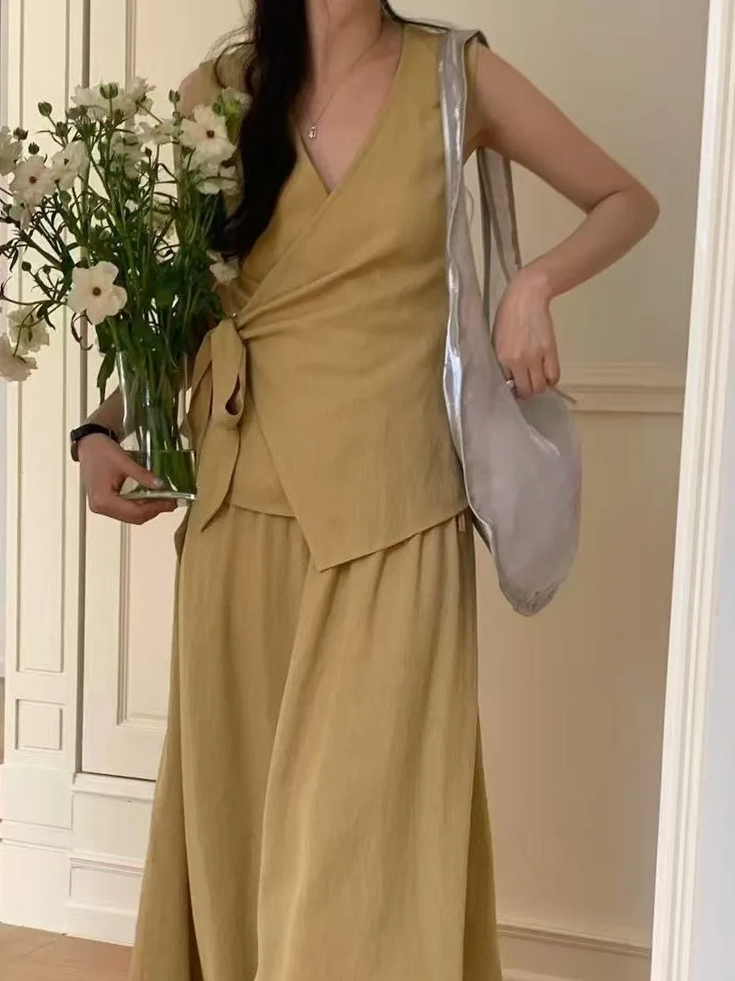 

Ele Summer Outfit Set Women's Tie V-ne Svel Top with f-skirt Two-piece Set Faionable And Sli