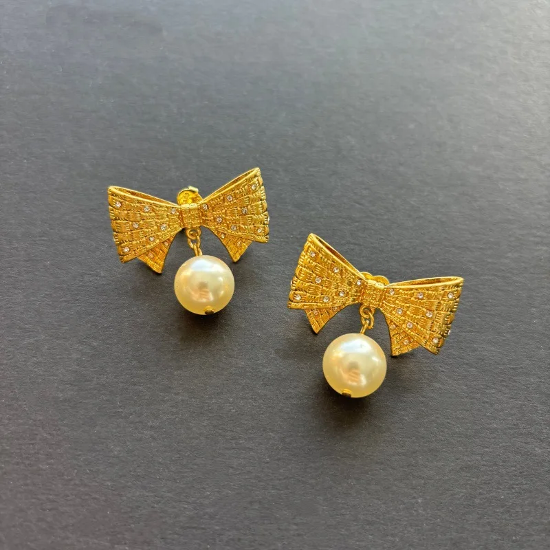 Elegant Bowknot Pearl Dangle Earrings, Rhinestone Bow Stud Earrings, Sweet Fashion Daily Women Ear Accessories Gift