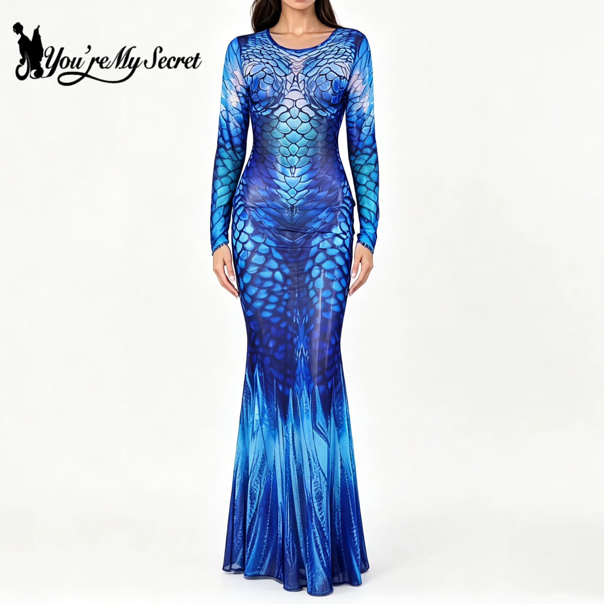 [You're My Secret] Transparentes Mesh-Bodycon-Meerjungfrauen-Maxikleid mit 3D-Fischschuppen-Print, Strandparty-Cosplay-Kostüm, Farbverlauf-Blau-Outfit – Detail 1