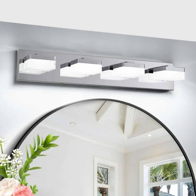 

Dimmable Chrome LED Vanity Light, 4-Light Modern Bathroom Mirror Fixture, Crystal Acrylic Wall Sconce, 25 Inch, No Bulb Needed