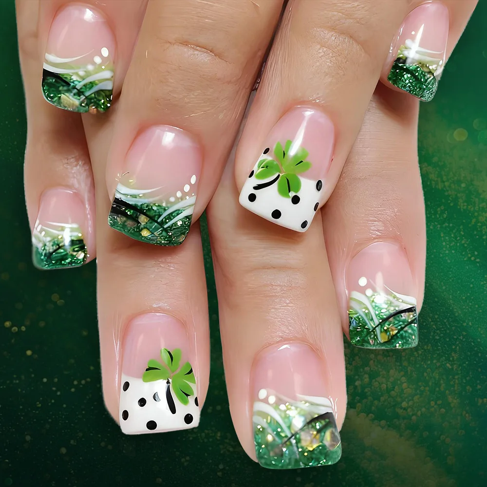 Medium fake nails for women girl green four-leaf clover with glitter design for St. Patrick's Day Square nail tips press on nail
