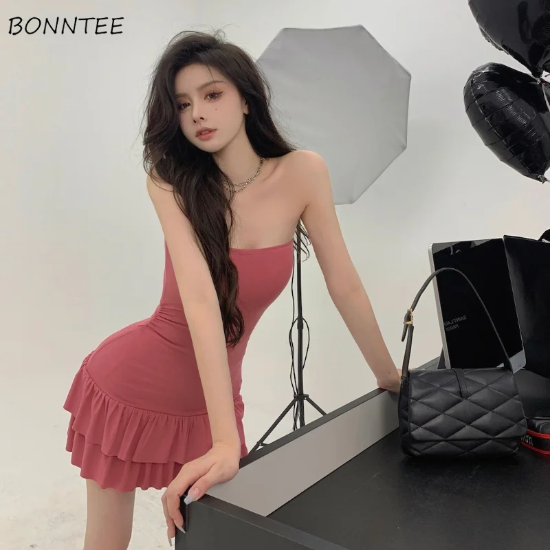 Sexy Sleeveless Dress Women Mini Summer Ruffles Chest Wrapping Backless Solid All-match Attractive Streetwear New Design Chic