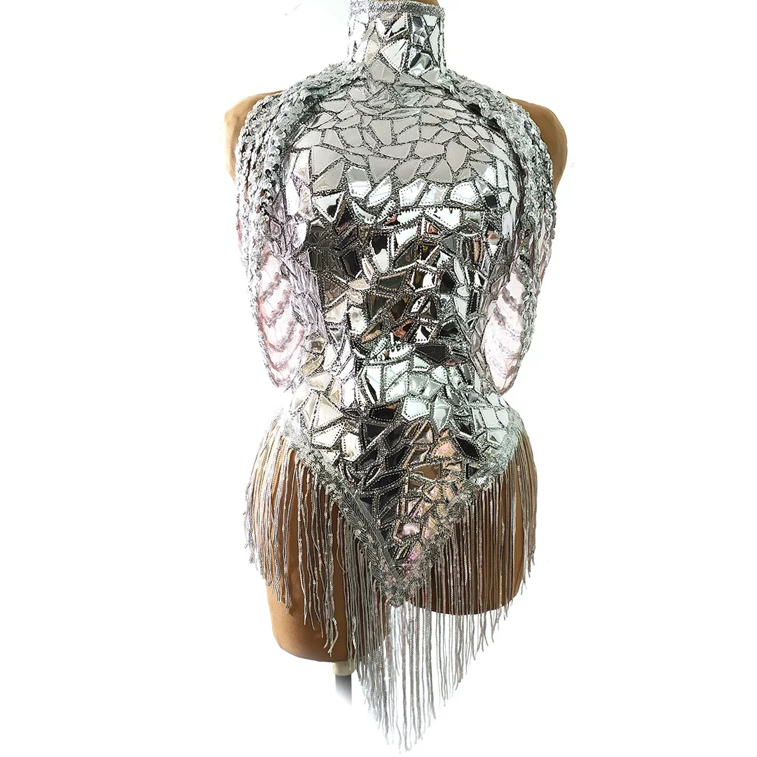 여성을위한 반짝 이는 실버 스팽글 드레스 섹시한 블링 댄스 프린지 의상 생일 파티 축하 복장 가수 무대 착용