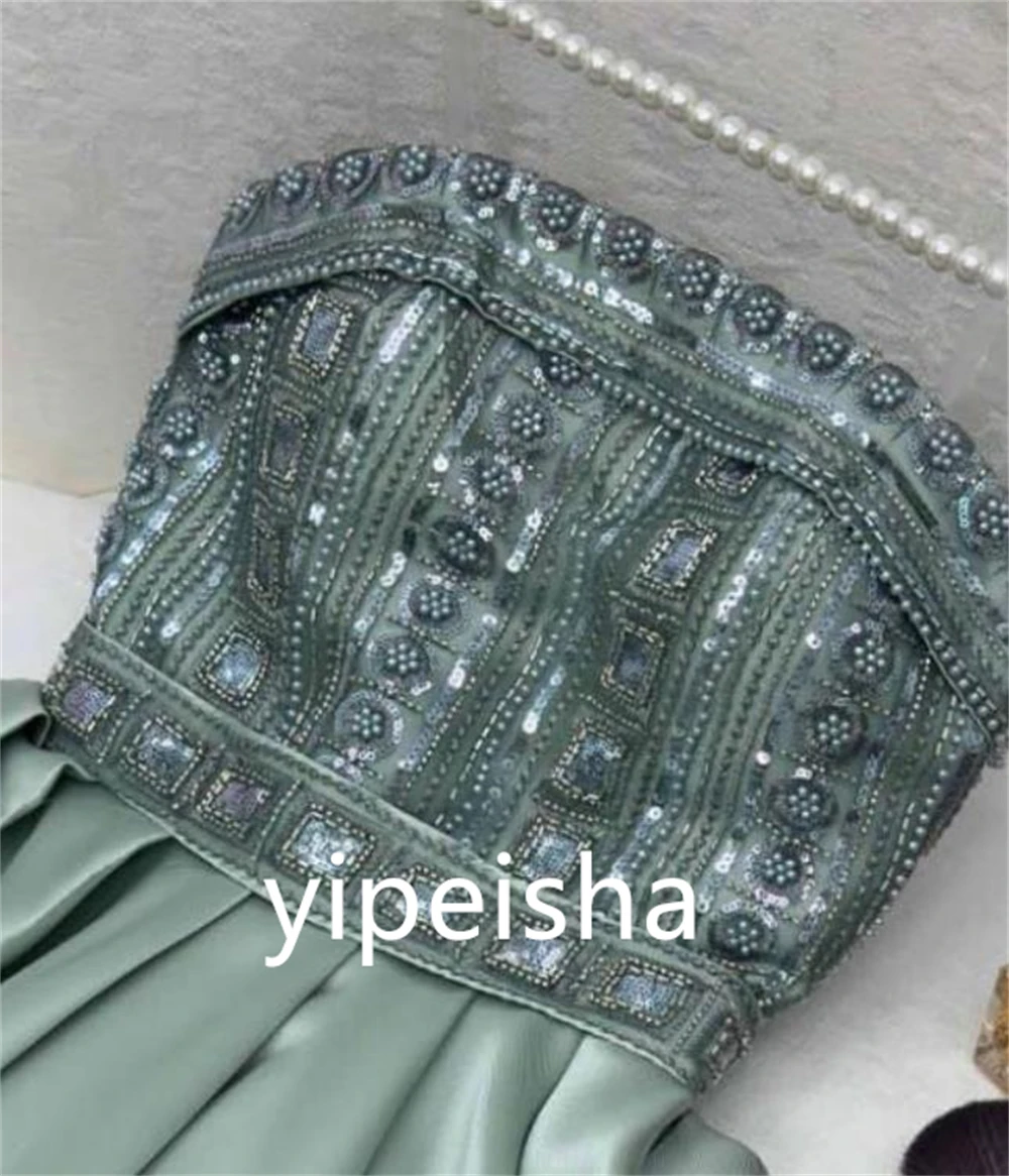 Customized Sparkle Prom Sexy Casual Strapless A-line Party Dress Beading Draped Anke length Charmeuse Evening