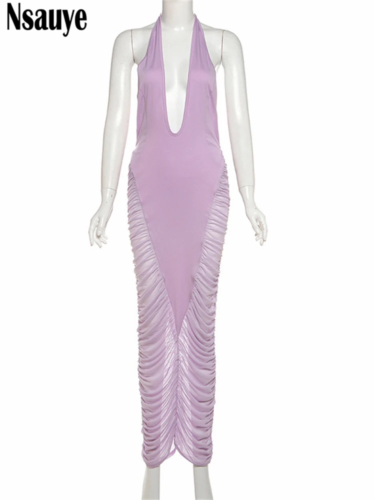 Nsauye Donna Sexy Elegante Sera Vacanza Festa Night Club Maxi Abito Lungo Maglia Increspato Estate Taglio Basso Abito Senza Maniche 2025