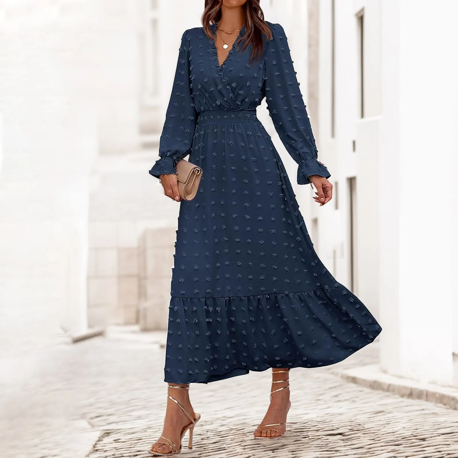 Robe longue jacquard à pois pour femmes, manches longues, fête de mariage, vêtements féminins, printemps, été