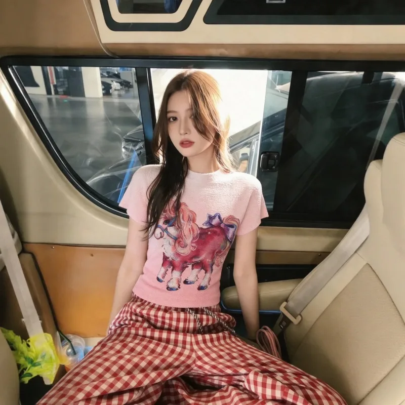 Miyake Pleated Original 2026 Japanese Texture Cartoon Pony Print Women's Summer Design Versatile Casual Slim Pleated Top Shirt