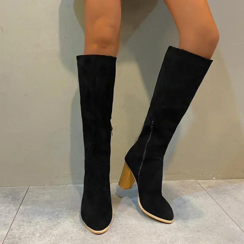 

Women Knee High Western Boots Autumn New Black High Heels Pointed Toe Cowgirl Boots Woman Fashion Chunky Heel Side Zipper Boots