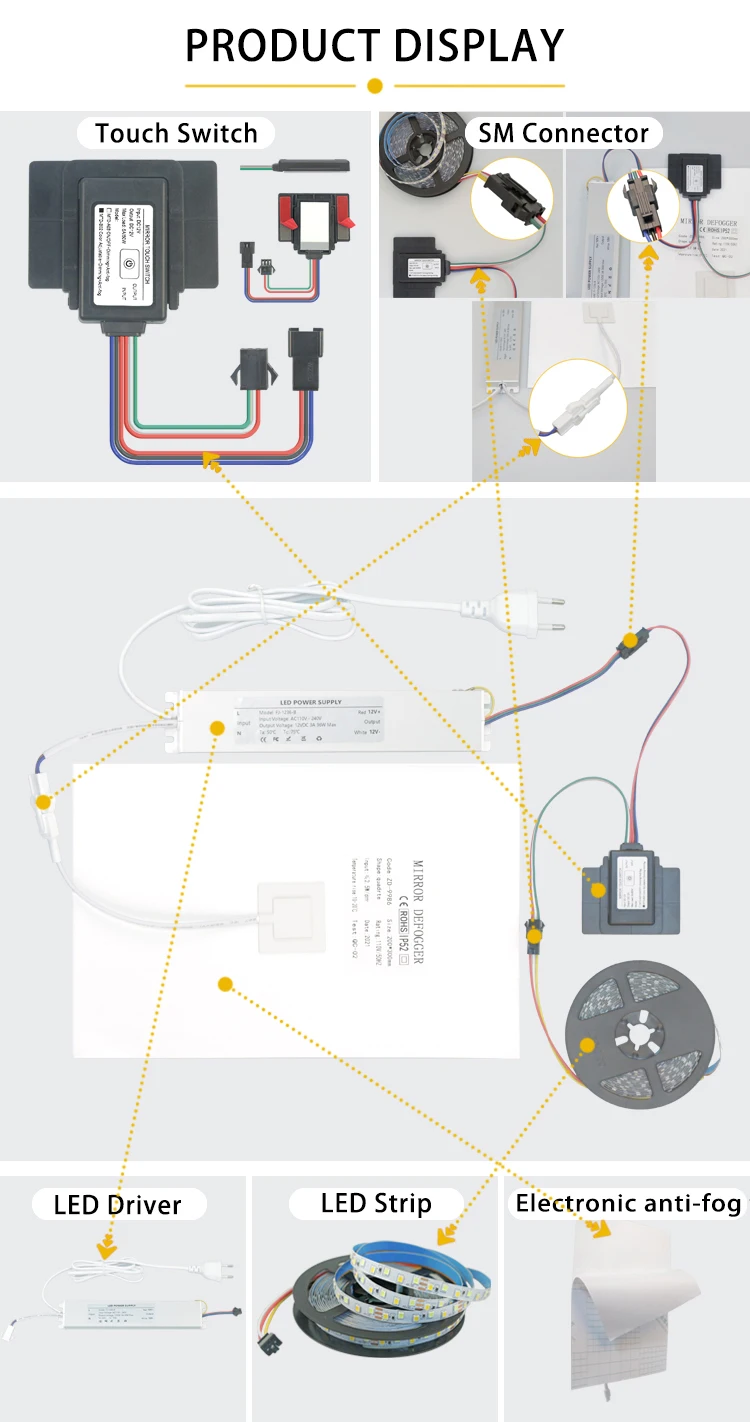 Hochwertiger 12V 5A Ein-Knopf-Smart-LED-Spiegel-Touchsensor-Schalter mit Antibeschlagfunktion für Badezimmerspiegel – Detail 3