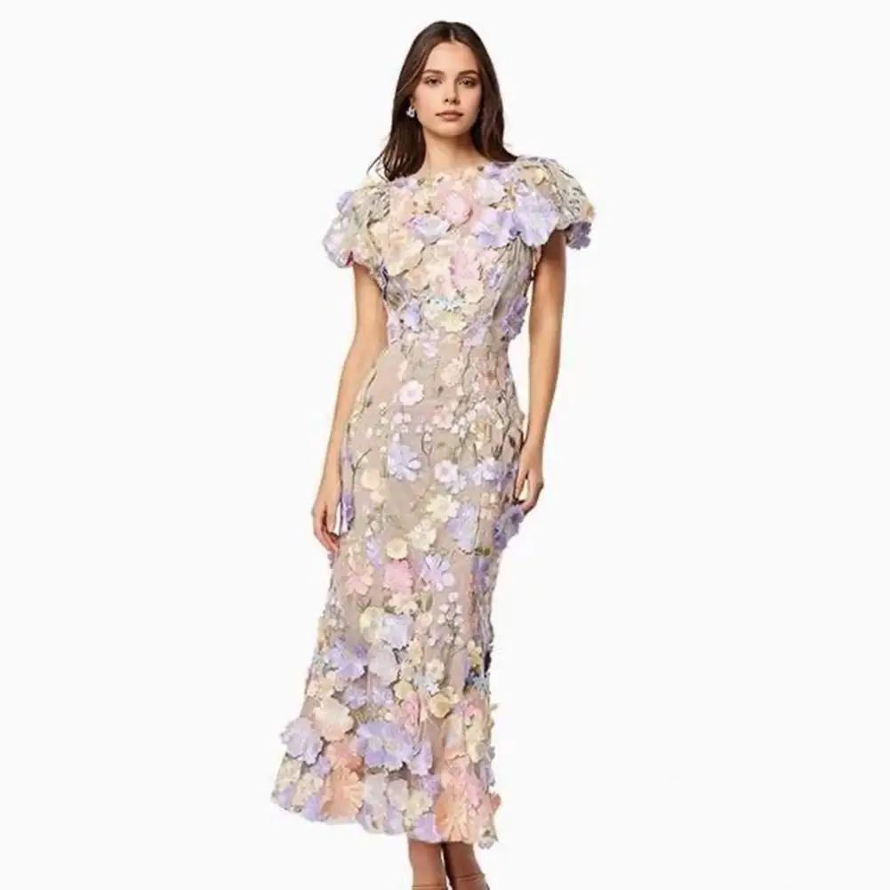 

Women Fishtail Dress Round Neck Puff Short Sleeve Embroidered 3D Flower Decor Midi Dress Hip Wrapped Long Dress Cocktail Dresses