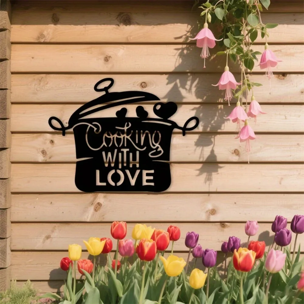 CIFBUY Wrought Iron Heart Soup Pot Kitchen Wall Decor, Black Farmhouse Metal Sign Laser Cut, Rustic Home Accent for Kitchen Dini