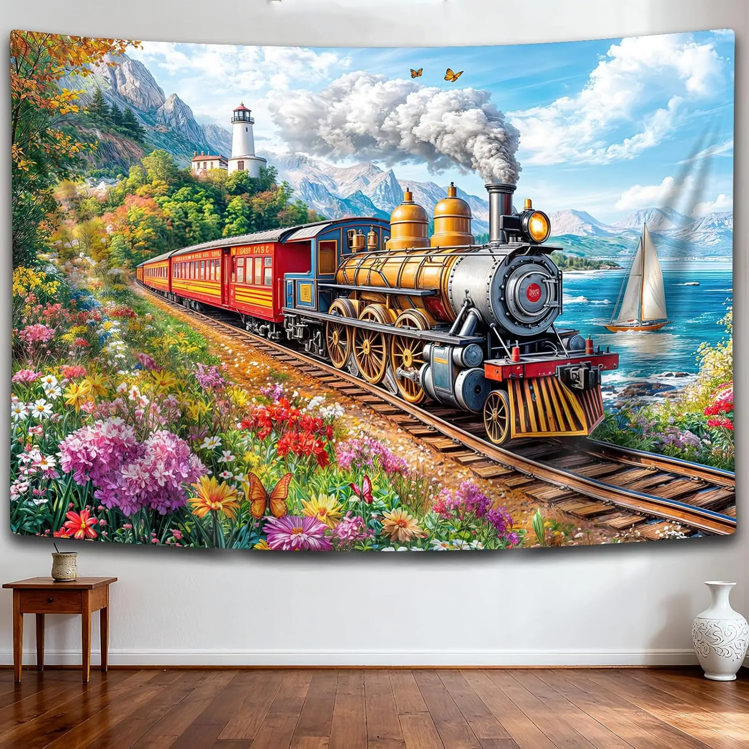 Steam Train By The Seaside Tapestry,Fantasy Scenery Flowers Lighthouse Sailboat Wall Hanging for Bedroom Living Room Dorm