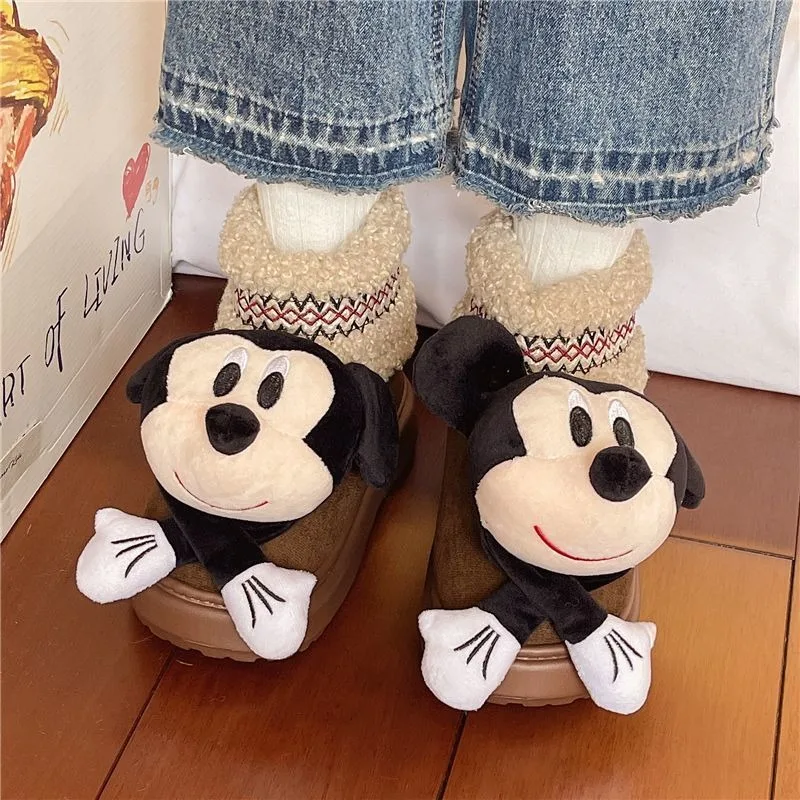أحذية ديزني كارتونية لطيفة ميكي للثلج للفتيات، أحذية شتوية عصرية بنعل سميك دافئ من القطن، متعددة الاستخدامات ومقاومة للبرد