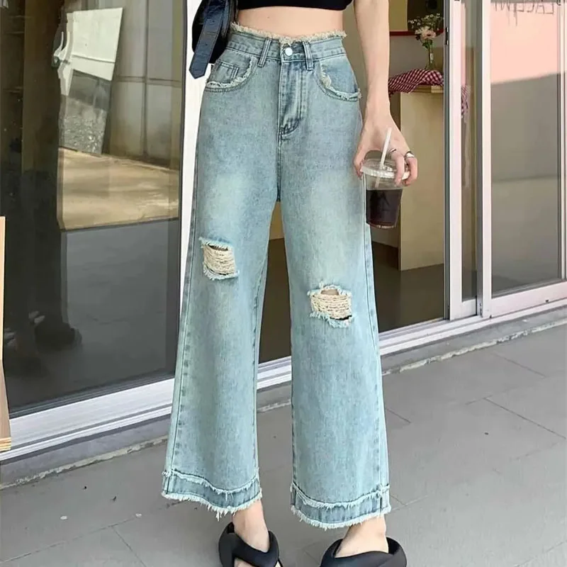 

American Lady Hole Wide Leg Denim Pants 2025 Female High Waist Jeans Trousers Autumn Women Fashion Solid Color Cowboy Pantalons