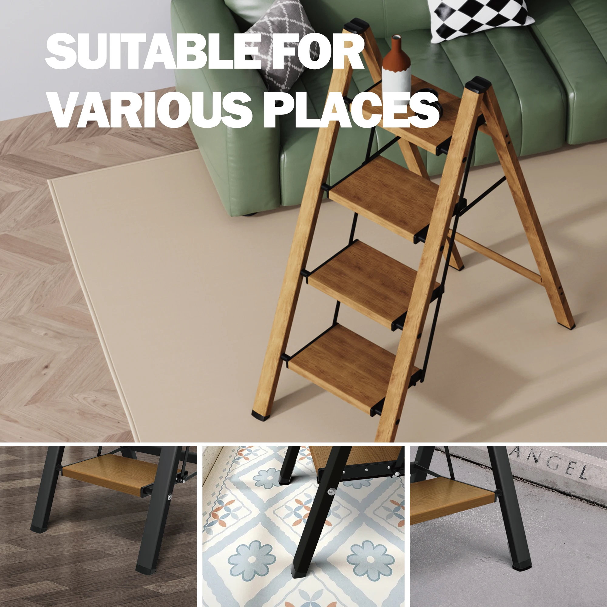 Modern Designed 4-Step Folding Wooden Step Stool with Wide Pedal for Home and Kitchen Space Saving