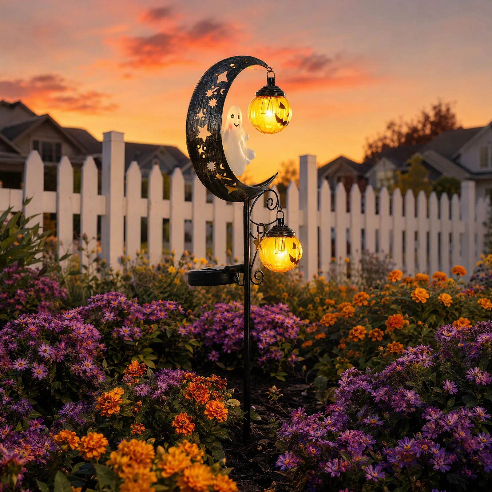 Solar Halloween Skull Ghost Moon Stake Light Pumpkin Stars Garden Lawn Pathway Yard Outdoor Decor Metal