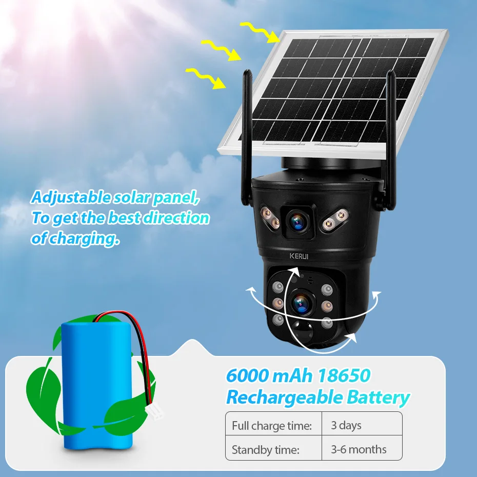 KERUI WIFI Solar Camera 6MP Outdoor Security Camera Dual Lens Solar Panel Motion Tracking CCTV Video Surveillance Waterproof
