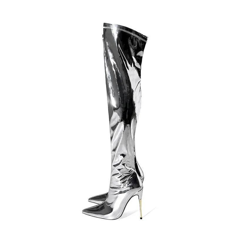 MKKHOU Fashion Over Knee Boots Women's New High Quality Pointed Metal Thin Heel Sexy Thigh Boots Modern Winter Silver Long Boots