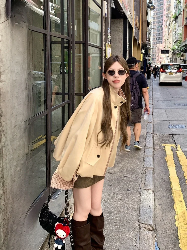 

Женская двусторонняя куртка-пальто Luu в клетку, свободного кроя, в корейском стиле, на пуговицах, для весны и осени