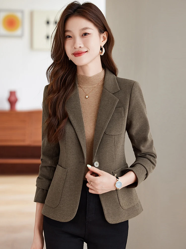 

Женский пиджак карамельного цвета, новинка 2026 года, весна-осень, с завышенной талией, приталенный, повседневный, из полиэфирного волокна, модный топ